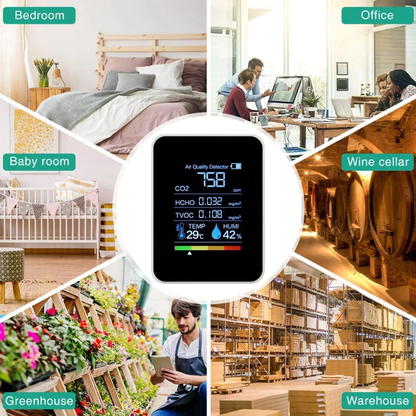 Portable Air Quality Monitor Real-Time Accurate Clear Display Tester Carbon Dioxide Detector Tool for Home Car Office Plants